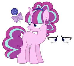 Size: 1280x1152 | Tagged: safe, artist:raflesplatt, derpibooru import, oc, pony, unicorn, female, magical lesbian spawn, mare, offspring, parent:pinkie pie, parent:starlight glimmer, parents:glimmerpie, reference sheet, simple background, solo, transparent background