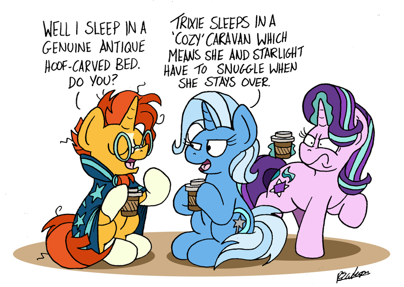 Size: 2396x1703 | Tagged: safe, artist:bobthedalek, derpibooru import, starlight glimmer, sunburst, trixie, pony, unicorn, atg 2019, awkward moment, boasting, coffee cup, cup, female, glare, glasses, hoof hold, implied lesbian, implied shipping, implied snuggling, implied startrix, inconvenient trixie, magic, male, mare, newbie artist training grounds, stallion, starlight is not amused, this will end in pain, unamused