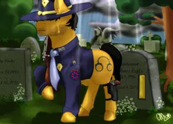 Size: 2800x2000 | Tagged: safe, artist:morphinezombie, derpibooru import, oc, oc:darren cuffs, pony, badge, campaign hat, cemetery, dress uniform, grave, gun, handgun, necktie, police, police officer, ponyville police, revolver, rifle, weapon