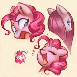 Size: 1200x1200 | Tagged: safe, artist:mirroredsea, derpibooru import, pinkie pie, earth pony, pony, bust, cute, derp, diapinkes, expressions, eyes closed, faic, female, mare, multeity, no pupils, open mouth, pinkamena diane pie, portrait, simple background, solo, tongue out, yellow background