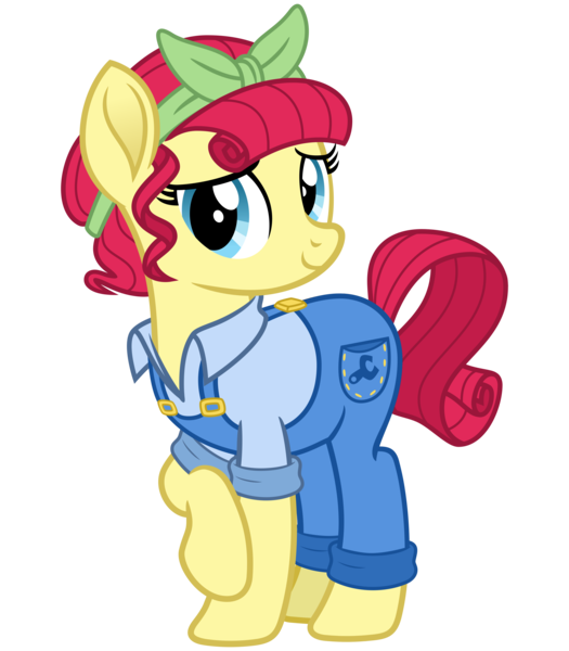 Size: 2800x3200 | Tagged: safe, artist:cheezedoodle96, derpibooru import, torque wrench, earth pony, pony, rainbow roadtrip, .svg available, atorqueable, bandana, clothes, cute, female, looking at you, mare, overalls, raised hoof, shirt, shy, simple background, smiling, solo, svg, transparent background, vector