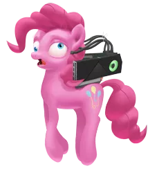 Size: 2091x2276 | Tagged: safe, artist:amarthgul, derpibooru import, pinkie pie, cyborg, earth pony, pony, atg 2019, derp, graphics card, newbie artist training grounds, simple background, solo, transparent background, video card, wat, wires