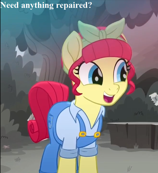 Size: 704x768 | Tagged: safe, derpibooru import, edit, edited screencap, screencap, torque wrench, pony, rainbow roadtrip, atorqueable, bandana, bronybait, cropped, cute, speech, talking, tree, tree stump