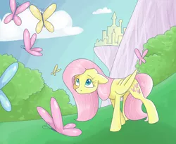 Size: 2060x1689 | Tagged: safe, artist:smirk, derpibooru import, fluttershy, butterfly, pony, canterlot, colored pupils, mountain, ms paint, scenery