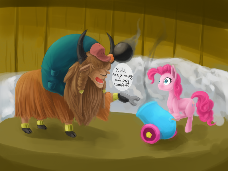 Size: 1600x1200 | Tagged: safe, artist:usager, derpibooru import, pinkie pie, oc, oc:jack, earth pony, pony, yak, cannonball, cloven hooves, duo, female, male, mare, party cannon, wrench