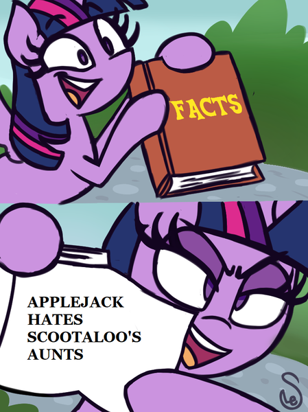 Size: 760x1015 | Tagged: safe, artist:quarium edits, derpibooru import, applejack, twilight sparkle, alicorn, the last crusade, 2 panel comic, caption, comic, drama, ed edd n eddy, exploitable meme, glare, image macro, implied aunt holiday, implied auntie lofty, meme, mouthpiece, op is making shit up, scootaloo's aunts drama, text, twilight's fact book, twilight sparkle (alicorn)