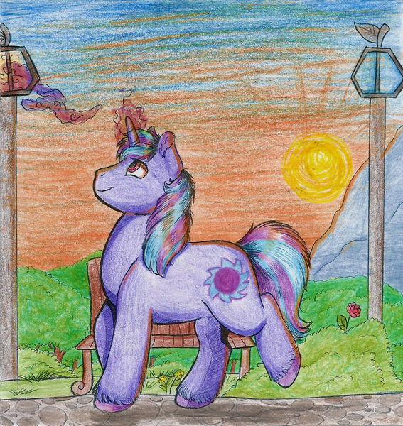 Size: 1114x1178 | Tagged: safe, artist:69beas, derpibooru import, oc, unofficial characters only, pony, unicorn, bench, bush, flower, grass, lamp, magic, magic aura, male, morning, smiling, solo, stallion, traditional art, walking