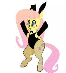 Size: 1348x1492 | Tagged: safe, artist:hattsy, derpibooru import, fluttershy, pony, semi-anthro, armpits, blushing, bowtie, bunny suit, bunnyshy, clothes, cute, evening gloves, female, fishnets, gloves, heart eyes, hoof gloves, long gloves, mare, open mouth, shyabetes, simple background, smiling, white background, wingding eyes