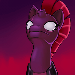 Size: 1000x1000 | Tagged: safe, artist:mightycockarts, derpibooru import, tempest shadow, pony, unicorn, my little pony: the movie, :t, animated, armor, behaving like a lizard, blinking, broken horn, derp, electricity magic, eye scar, eyeshadow, faic, female, glowing horn, gradient background, horn, majestic as fuck, makeup, mare, open up your *very* eyes, scar, solo, zzt