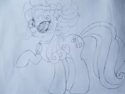 Size: 2016x1512 | Tagged: safe, artist:straighttothepointstudio, derpibooru import, petunia petals, earth pony, pony, rainbow roadtrip, black and white, cute, drawing, female, glasses, grayscale, long mane, mare, monochrome, petalbetes, raised hoof, smiling, solo, traditional art