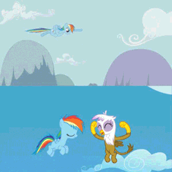 Size: 600x600 | Tagged: safe, derpibooru import, screencap, gilda, rainbow dash, gryphon, pegasus, pony, griffon the brush off, the lost treasure of griffonstone, animated, chickub, comparison, cute, dancing, female, filly, filly rainbow dash, flying, gif, gildadorable, image, junior speedsters chant, li'l gilda, mare, smiling, spinning, talking, younger