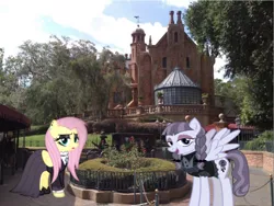 Size: 642x483 | Tagged: safe, derpibooru import, edit, editor:undeadponysoldier, fluttershy, inky rose, pegasus, pony, amusement park, bush, clothes, disney world, dress, female, florida, fluttergoth, goth, gothic eyeliner, haunted mansion ride, house, irl, lidded eyes, looking at you, magic kingdom, makeup, mansion, mare, open mouth, orlando, photo, ponies in real life, queue, ride, spread wings, the haunted mansion, theme park, wagon, walt disney world, wings