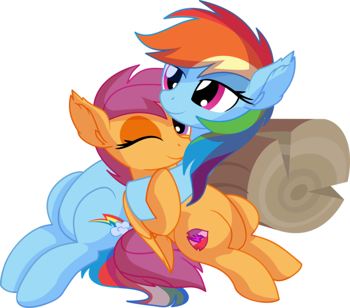 Size: 7012x6176 | Tagged: safe, artist:cyanlightning, derpibooru import, rainbow dash, scootaloo, pegasus, pony, .svg available, absurd resolution, cute, cutealoo, cutie mark, dashabetes, duo, ear fluff, eyes closed, female, filly, holding, hug, lidded eyes, log, mare, scootalove, simple background, sitting, smiling, the cmc's cutie marks, transparent background, vector