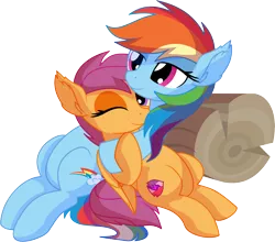 Size: 7012x6176 | Tagged: safe, artist:cyanlightning, derpibooru import, rainbow dash, scootaloo, pegasus, pony, .svg available, absurd resolution, cute, cutealoo, cutie mark, dashabetes, duo, ear fluff, eyes closed, female, filly, holding, hug, lidded eyes, log, mare, scootalove, simple background, sitting, smiling, the cmc's cutie marks, transparent background, vector