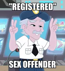 Size: 615x675 | Tagged: suggestive, derpibooru import, edit, edited screencap, screencap, stanley excelsior, equestria girls, equestria girls series, rollercoaster of friendship, air quotes, background human, caption, cropped, image macro, male, security guard, solo, text