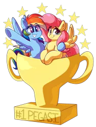 Size: 3393x4481 | Tagged: safe, artist:graphene, derpibooru import, fluttershy, rainbow dash, pegasus, pony, atg 2019, cute, dashabetes, duo, female, mare, newbie artist training grounds, shyabetes, smiling, spread wings, stars, trophy, wings