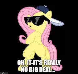 Size: 529x499 | Tagged: artist needed, safe, derpibooru import, fluttershy, pegasus, pony, backwards ballcap, baseball cap, bipedal, black background, cap, caption, crossed arms, deal with it, female, hat, image macro, imgflip, mare, meme, open mouth, simple background, solo, sunglasses, swag, text
