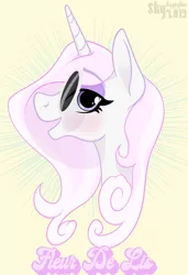 Size: 2912x4268 | Tagged: safe, artist:skydiggitydive, derpibooru import, fleur-de-lis, pony, unicorn, bust, female, looking at you, open mouth, solo, sunglasses, text