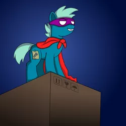 Size: 1000x1000 | Tagged: safe, artist:redquoz, derpibooru import, earth pony, pony, cape, cardboard box, clothes, colt, crossover, disguise, fake cutie mark, grin, humongous entertainment, male, pajama sam, raised eyebrow, smiling, spotlight, video game crossover