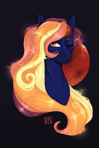 Size: 1500x2232 | Tagged: safe, artist:karamboll, derpibooru import, oc, pony, blue, bust, commission, dark skin, glow, head, long hair, long mane, moon, portrait, solo, sparkles