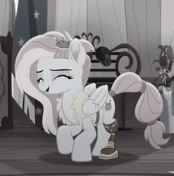 Size: 266x269 | Tagged: safe, derpibooru import, edit, edited screencap, screencap, kerfuffle, pegasus, pony, rainbow roadtrip, amputee, animated, boulder media is trying to murder us, cropped, cute, daaaaaaaaaaaw, dancing, eyes closed, fashion, female, fufflebetes, gif, happy, hnnng, index get, kerfuffle shuffle, mare, picture for breezies, prosthetic leg, prosthetic limb, prosthetics, trotting, trotting in place, weapons-grade cute