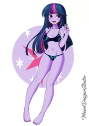 Size: 900x1265 | Tagged: suggestive, artist:silver-wingx, derpibooru import, twilight sparkle, equestria girls, barefoot, belly button, bikini, breasts, busty twilight sparkle, clothes, cute, feet, female, happy, nail polish, smiling, solo, solo female, swimsuit, twiabetes