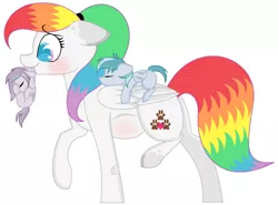 Size: 1024x759 | Tagged: safe, artist:rainbowpawsarts, derpibooru import, oc, oc:masato, oc:nora, oc:rainbow paws, pegasus, pony, alternate universe, blushing, carrying, colt, cute, female, filly, hairband, male, mare, mouth hold, multicolored hair, offspring, parent:oc:chalk, parent:oc:rainbow paws, parents:oc x oc, pegasus oc, ponytail, pregnant, rainbow hair, scruff, simple background, sleeping, white background, wings