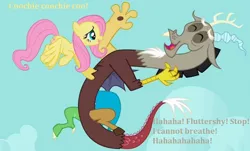 Size: 724x438 | Tagged: best friends, buddies, derpibooru import, discord, draconequus, duo, edit, edited screencap, female, fluttershy, friends, fun, happy, laughing, male, mare, safe, screencap, smiling, tickling