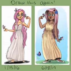 Size: 1080x1080 | Tagged: artist needed, safe, derpibooru import, fluttershy, human, clothes, comparison, draw this again, dress, humanized, moderate dark skin, redraw