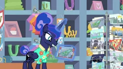 Size: 1920x1080 | Tagged: safe, derpibooru import, screencap, princess luna, alicorn, pony, between dark and dawn, beautiful, clothes, cute, eyeshadow, female, folded wings, glowing horn, grin, hair bun, hawaiian shirt, horn, looking down, lotta little things, magic, magic aura, makeup, mare, post card, postcard, shirt, smiling, solo, tail bun, vacation, wings