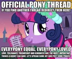 Size: 867x714 | Tagged: 4chan, a canterlot wedding, alternate hairstyle, artifact, bridesmaid dress, caption, clothes, communism, cropped, derpibooru import, dress, edit, edited screencap, image macro, love and tolerate, microphone, pony thread, safe, screencap, solo, speech, starry eyes, talking, text, this will end in communism, thread, /trash/, twilight sparkle, wingding eyes