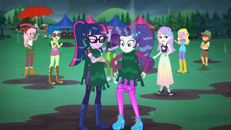Size: 1280x720 | Tagged: safe, derpibooru import, screencap, duke suave, rarity, sci-twi, snow flower, twilight sparkle, equestria girls, equestria girls series, inclement leather, spoiler:choose your own ending (season 2), spoiler:eqg series (season 2), background human, boots, clothes, dress, feet, female, glasses, high heels, inclement leather: twilight sparkle, legs, male, mud, pantyhose, poncho, ponytail, sandals, shoes, shorts, skirt, wet, wet mane, wet mane rarity, wet mane twilight sparkle