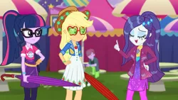 Size: 1280x720 | Tagged: safe, derpibooru import, screencap, applejack, duke suave, rarity, sci-twi, twilight sparkle, equestria girls, equestria girls series, inclement leather, spoiler:choose your own ending (season 2), spoiler:eqg series (season 2), applejack's hat, applejack's sunglasses, background human, clothes, cowboy hat, dress, eyes closed, female, freckles, glasses, hashtag rain hair don't care, hat, inclement leather: vignette valencia, male, pantyhose, ponytail, skirt, stetson, sunglasses, wet, wet hair, wet hairity, wet mane, wet mane rarity