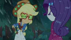 Size: 1280x720 | Tagged: safe, derpibooru import, screencap, applejack, rarity, equestria girls, equestria girls series, inclement leather, spoiler:choose your own ending (season 2), spoiler:eqg series (season 2), applejack's hat, cowboy hat, dirty, forest, glasses, hat, inclement leather: applejack, mud, my little pony, rain, sunglasses