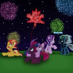 Size: 5633x5575 | Tagged: safe, artist:ejlightning007arts, derpibooru import, fizzlepop berrytwist, starlight glimmer, sunset shimmer, tempest shadow, trixie, twilight sparkle, twilight sparkle (alicorn), alicorn, pony, unicorn, adorable face, canada, canada day, cute, fireworks, lying down, magical quartet, magical quintet, magical trio, night, shimmerbetes, shocked, sitting, tempestbetes, twiabetes