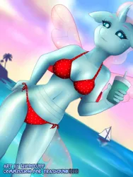 Size: 800x1066 | Tagged: anthro, artist:wild-fluff, beach, belly button, bikini, boat, breasts, busty ocellus, changedling, changeling, clothes, commission, derpibooru import, drink, female, midriff, occult, ocellus, older, older ocellus, solo, solo female, suggestive, swimsuit, ych result