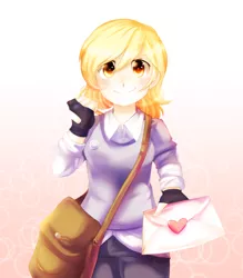 Size: 3500x4000 | Tagged: artist:rizzych, bag, cute, derpabetes, derpibooru import, derpy hooves, female, gradient background, human, humanized, letter, looking at you, safe, solo, underp