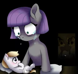 Size: 1455x1377 | Tagged: semi-grimdark, artist:unoriginai, derpibooru import, cloudy quartz, igneous rock pie, limestone pie, maud pie, surprise, pony, alternate universe, baby, black background, crying, dark background, foal, horror, imminent death, imminent murder, imminent suffocation, nightmare fuel, offspring, parent:cloudy quartz, parent:igneous rock, pillow, simple background, story in the source, story included, teary eyes, updated