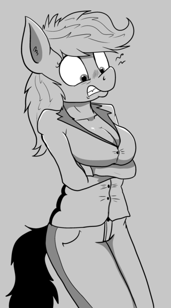 Size: 2027x3650 | Tagged: anthro, artist:paskanaakka, blushing, breasts, cleavage, clothes, crossed arms, derpibooru import, ear fluff, embarrassed, female, grayscale, monochrome, rainbow dash, simple background, solo, solo female, suggestive