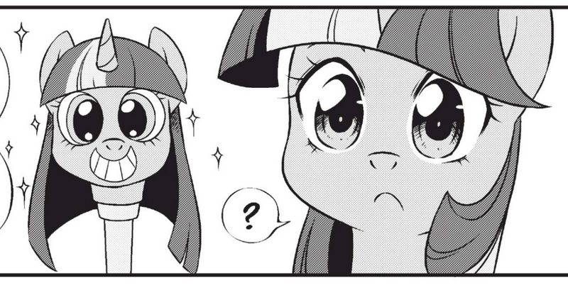 Size: 1943x976 | Tagged: safe, derpibooru import, seven seas, twilight sparkle, pony, my little pony: the manga, spoiler:manga, female, mare, monochrome, offset, scepter, twilight scepter