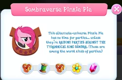 Size: 716x473 | Tagged: safe, derpibooru import, pinkie pie, pony, the cutie re-mark, alternate timeline, apinkalypse pie, crystal war timeline, gameloft, implied king sombra, pinkamena diane pie