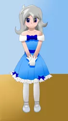 Size: 1152x2048 | Tagged: artist:silver stardust, blushing, clothes, crossdressing, cute, derpibooru import, dress, femboy, human, humanized, looking at you, male, oc, oc:silver stardust, safe, solo, trap, unofficial characters only