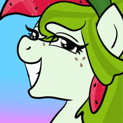 Size: 849x849 | Tagged: safe, artist:sjart117, derpibooru import, oc, oc:watermelana, unofficial characters only, pony, animated, bust, caption, deal with it, female, freckles, gif, gif with captions, gradient background, grin, looking at you, mare, portrait, smiling, solo, sunglasses