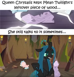 Size: 1921x1991 | Tagged: safe, derpibooru import, edit, edited screencap, editor:leonidus, screencap, cozy glow, mean twilight sparkle, queen chrysalis, changeling, changeling queen, pegasus, pony, frenemies (episode), the mean 6, captain obvious, cave, cropped, dead, fainted, female, filly, funny, implied insanity, logo, meme, moss, rock, shrug, stalagmite, text, torch, twilog, wood