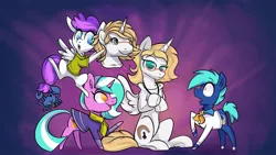 Size: 960x540 | Tagged: safe, artist:shibaroll, deleted from derpibooru, derpibooru import, oc, oc:blank canvas, oc:bonniecorn, oc:hoof beatz, oc:mane event, unofficial characters only, pony, bronycon, bonnie zacherle, disguise, mascot