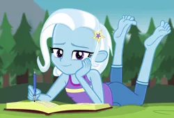 Size: 3249x2206 | Tagged: safe, artist:grapefruitface1, derpibooru import, trixie, equestria girls, legend of everfree, barefoot, base used, bedroom eyes, cute, diary, diatrixes, feet, female, grass, laying on stomach, looking at you, notebook, outdoors, pen, soles, solo, tree