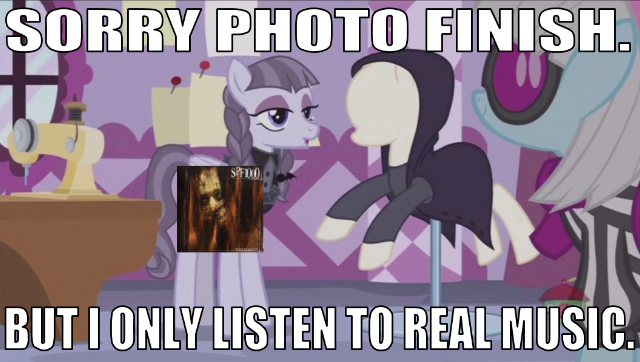 Size: 640x362 | Tagged: safe, derpibooru import, edit, edited screencap, editor:undeadponysoldier, screencap, inky rose, photo finish, earth pony, pegasus, pony, honest apple, album cover, caption, carousel boutique, clothes, dress, female, glasses, goth, image macro, lowres, makeup, mare, ponyquin, sewing machine, spf 1000 (band), text, witch hunt