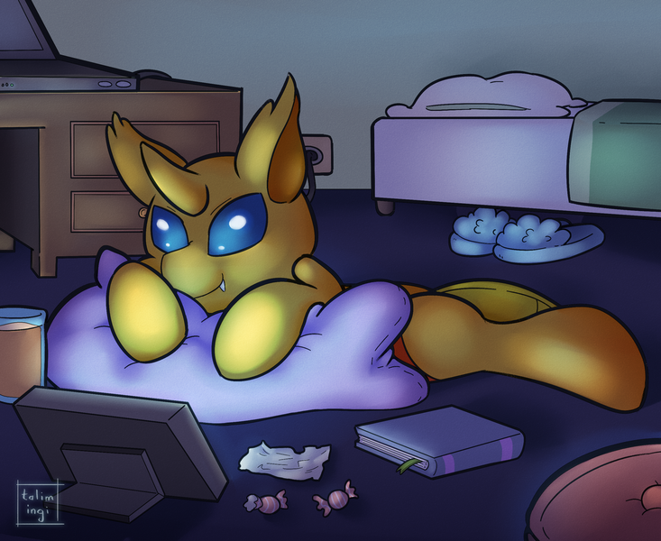 Size: 1320x1080 | Tagged: artist:talimingi, bed, book, candy, changedling, changedling oc, changeling, changeling oc, clothes, computer, cute, derpibooru import, desk, food, laptop computer, oc, ocbetes, oc:ren the changeling, pillow, safe, slippers, tablet, unofficial characters only, yellow changeling