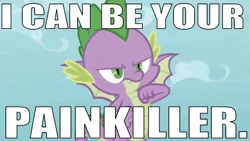 Size: 641x361 | Tagged: caption, derpibooru import, dragon, edit, edited screencap, editor:undeadponysoldier, fist, hand on chest, image macro, looking at you, lyrics, male, molt down, painkiller (song), safe, screencap, solo, song reference, spike, spread wings, text, three days grace, winged spike, wings