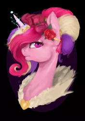 Size: 1763x2507 | Tagged: safe, artist:emilyspark, derpibooru import, princess cadance, alicorn, pony, alternate hairstyle, black background, bust, clothes, female, flower, flower in hair, horn, horn ring, lidded eyes, mare, portrait, ring, simple background, solo